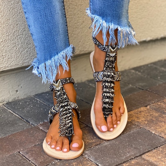 Leather Hand Beaded Gladiator T Strap Sandals - Picture 9 of 14